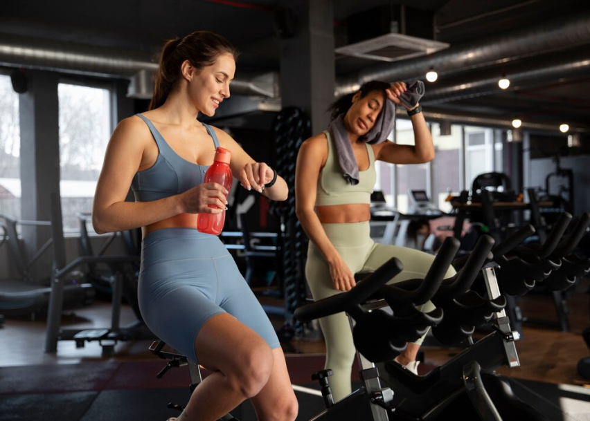 Пара девушек отдыхает после занятий на велотренажерах